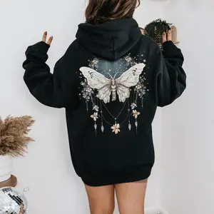 Vintage Boho Dreamy Luna Moth Hoodie Celestial Charms Lunar White Moth Sweater Moon Stars Botanical Floral Star Top Hooded Goth