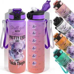 1pc,32oz Water Bottle Skull girl with Tattoos Pretty Eyes and Thick Thighs Skull Vacuum Design Durable  Leak-Proof 1000ml Time Marker Water Bottle - Shatter-Resistant for Sports, Fitness, Hiking