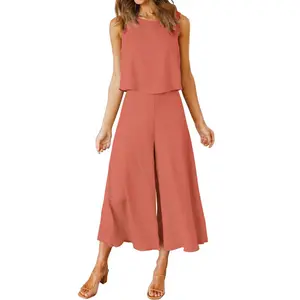 Women's Summer 2 Piece Outfits Round Neck Crop Basic Top Cropped Wide Leg Pants Set Jumpsuits