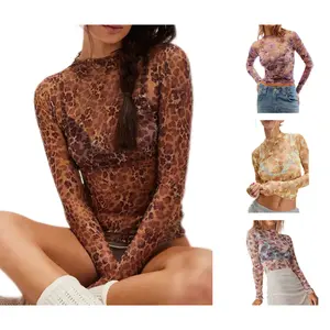 UANEO Women Mesh Floral Lace Crop Top Y2k Sexy Slim Fitted Long Sleeve Lady Lux Printed See Through Layering Top