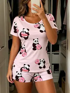 Women's Short Sleeve Pajama Set, Matching Base Panda Print, Casual Fitted Sleepwear, Two-Piece Night, Comfortable Home Wear, Loungewear, Pjs, Womenswear