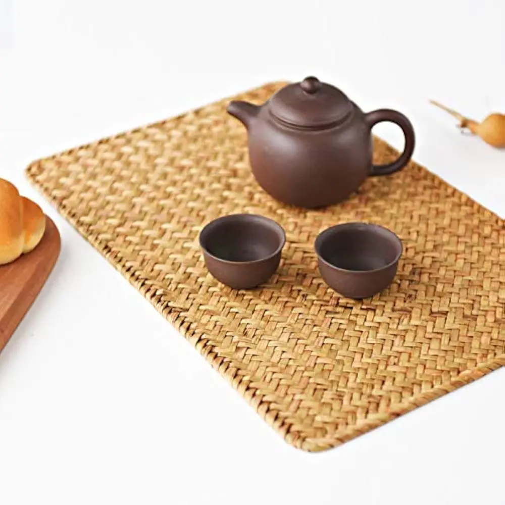 Sturdy 4-Pack Rectangular Woven Placemats Set, Natural Seagrass Tableware Mats, 17x12in Rattan Wicker for Dining Table, Tea Time Use