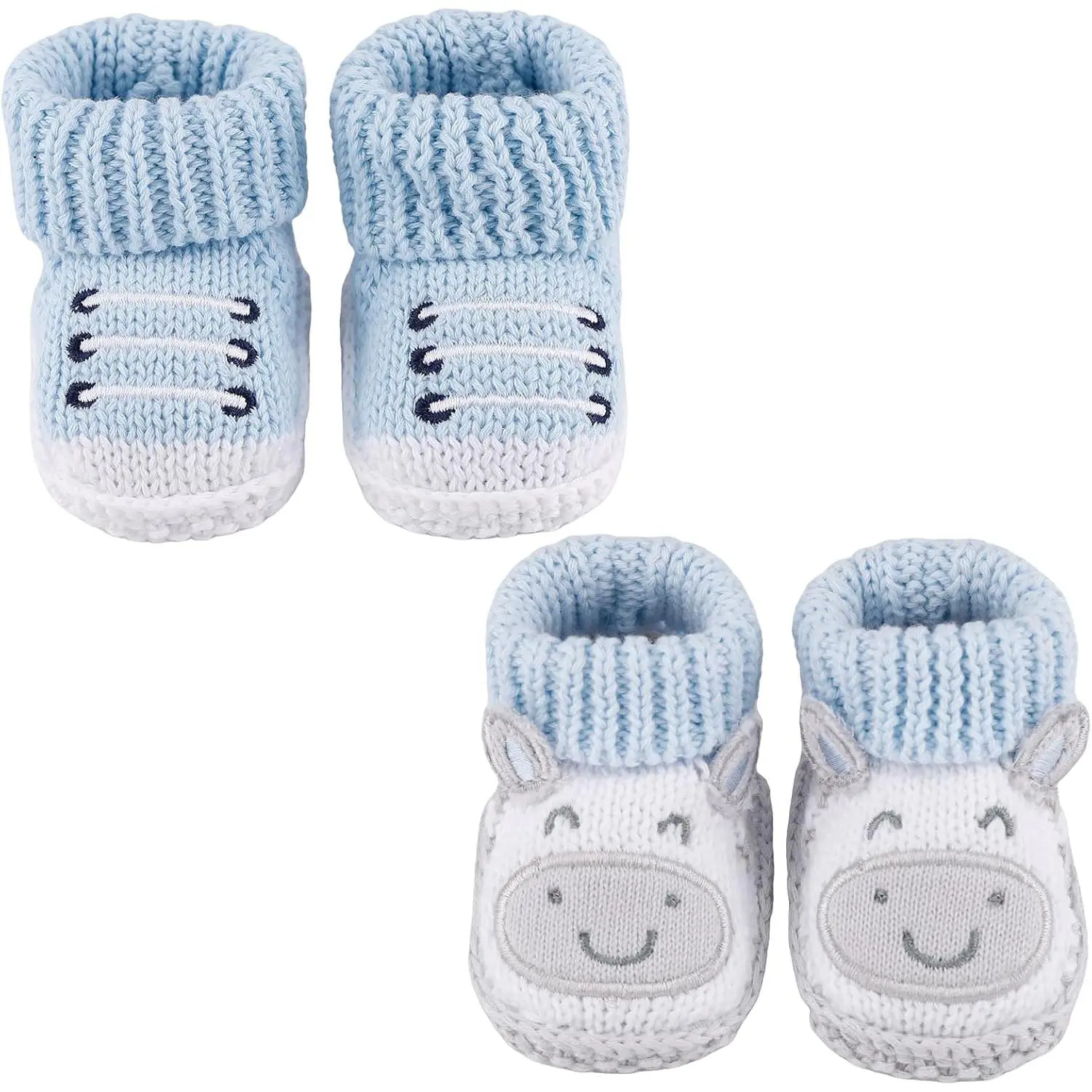 Unisex Newborn Knitted Fabric Booties - 2 Pairs Cute Flat Shoes, Soft Animal Sock Boots for Infants (0-3 Months), 1 Size First Walker Footwear, Newborn Shoes First Present