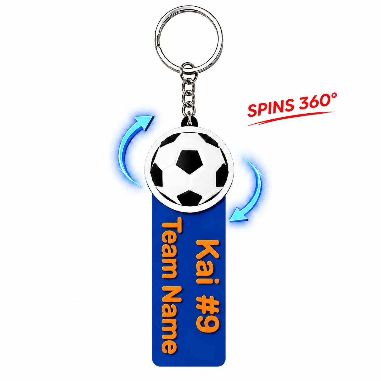 3D Printed Personalized Soccer Keychain - Custom Name Tag with Spinning Ball, Durable PLA Plastic, Approx. 105mm (4.1 in), Made in USA Fashion Accessory for Coaches, Birthday Gifts, Lunch Bags, Back-to-School Accessories, Unisex