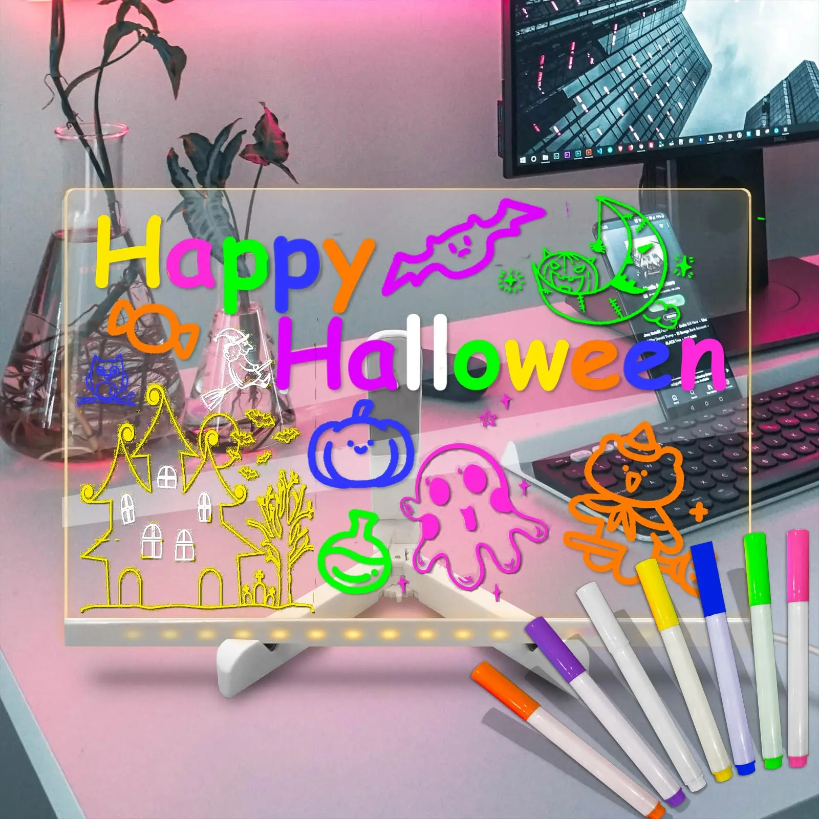 Acrylic Dry Erase Board with Light, 1 Count 6-color Neon Glow Memo Message Note Board with Stand & Pen, Night Light for Room Store Office Festival Gift