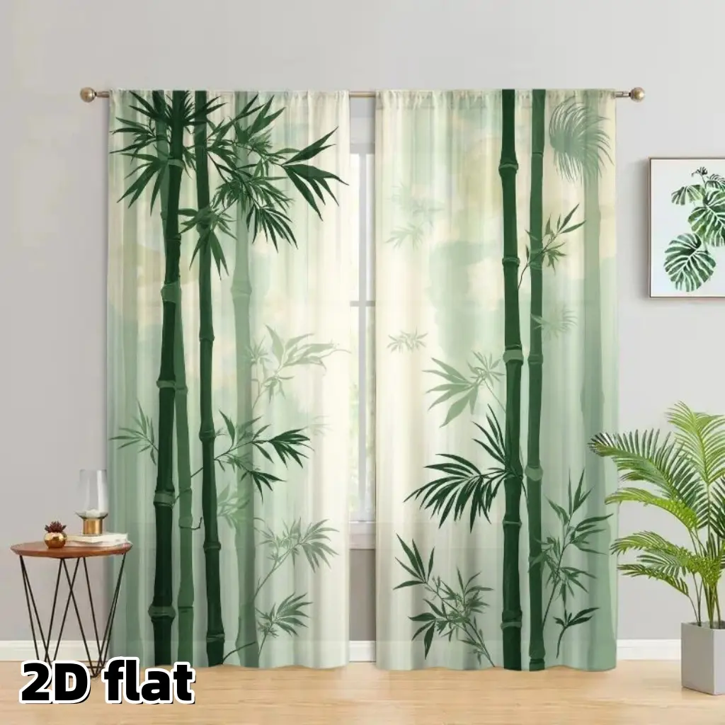 2D Flat 2Pcs Bamboo Forest Curtains Green Botanical Theme Sheer Window Panels Asian Zen Style Semi Polyester Rod Pocket Drapes for Living Room Bedroom Dining Kitchen Nature Inspired Treatment Easy to Clean
