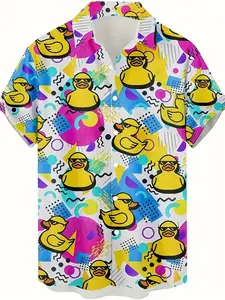 Men'S Summer Casual Hawaiian Shirt Featuring Vibrant Retro Cartoon Duck Prints, Short-Sleeved with a Button- Collar, Made of 100%, Perfect As a Gift for Men