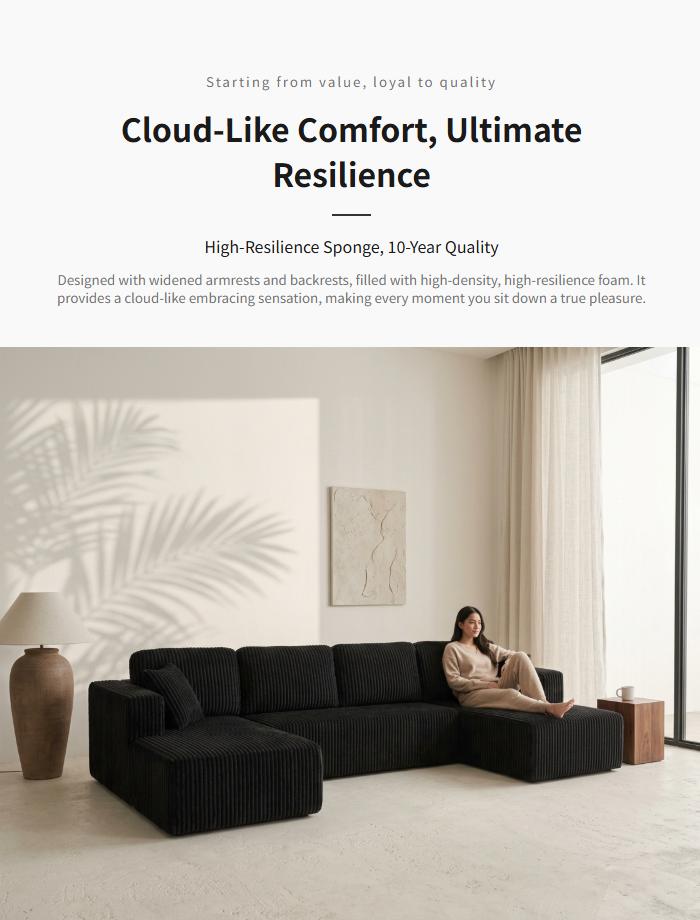 [2-3Packages] Niccae 132-Inch U-Shaped Memory Foam Sectional Sofa — An oversized modular design offering "cloud-like" comfort; features deep seating and compressed corduroy fabric, combining space-saving capabilities with a convertible sleeper function.