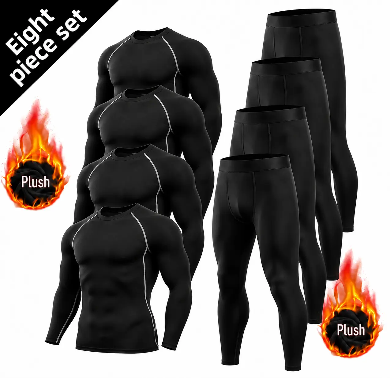 Men's 8 Piece Thermal Compression Set Fleece Lined Base Layer, Warm Long Sleeve Shirts & Leggings, Stretch Workout Gear for Winter Running Hiking