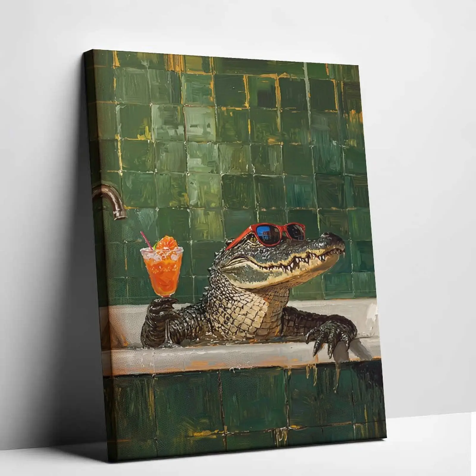 Funny Alligator in Bathtub Canvas Wall Art Cool Crocodile Drinking Cocktail Poster Whimsical Animal Oil Painting Vintage Bathroom Decor Aesthetic Room Prints Unique Housewarming Gift Idea