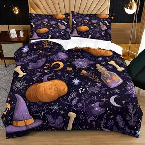 Mystical Pumpkin Duvet Cover Set, 2/3 Pcs Witchcraft Bedding, 1 Duvet Cover + 1/2 Pillowcases, Perfect for Bedroom & Guest Room
