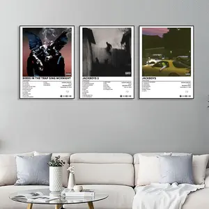 3-piece set of music album poster cover canvas paintings, Birds in The Trap Sing McKnight / JACKBOYS 2, hip-hop pop style, Modern Art Design, with album tracks, suitable for home, office, living room, bedroom, wall art decoration, frameless