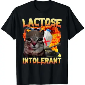 Casual Round Neck Shortsleeve Fashion Cotton Graphic Tees Streetwear Lactose Intolerant Silly Cat Meme Funny Saying Cat Lover T-Shirt
