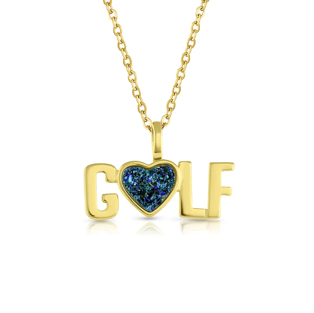 Golf Heart Druzy Necklace – Sparkly Green Quartz Pendant, Adjustable Chain, Gift for Golf Lovers & Women Who Love Golf