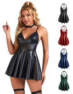 Women's Leather Lingerie Set Plus Size PU V Neck Backless Babydoll Chemise Mini Pajamas Dress Sleeveless Pleated Steampunk Clubwear Outfit Women Club & Night Out Dresses Nightdress for Christmas Gift Box Womenswear Traditional Casual Wear