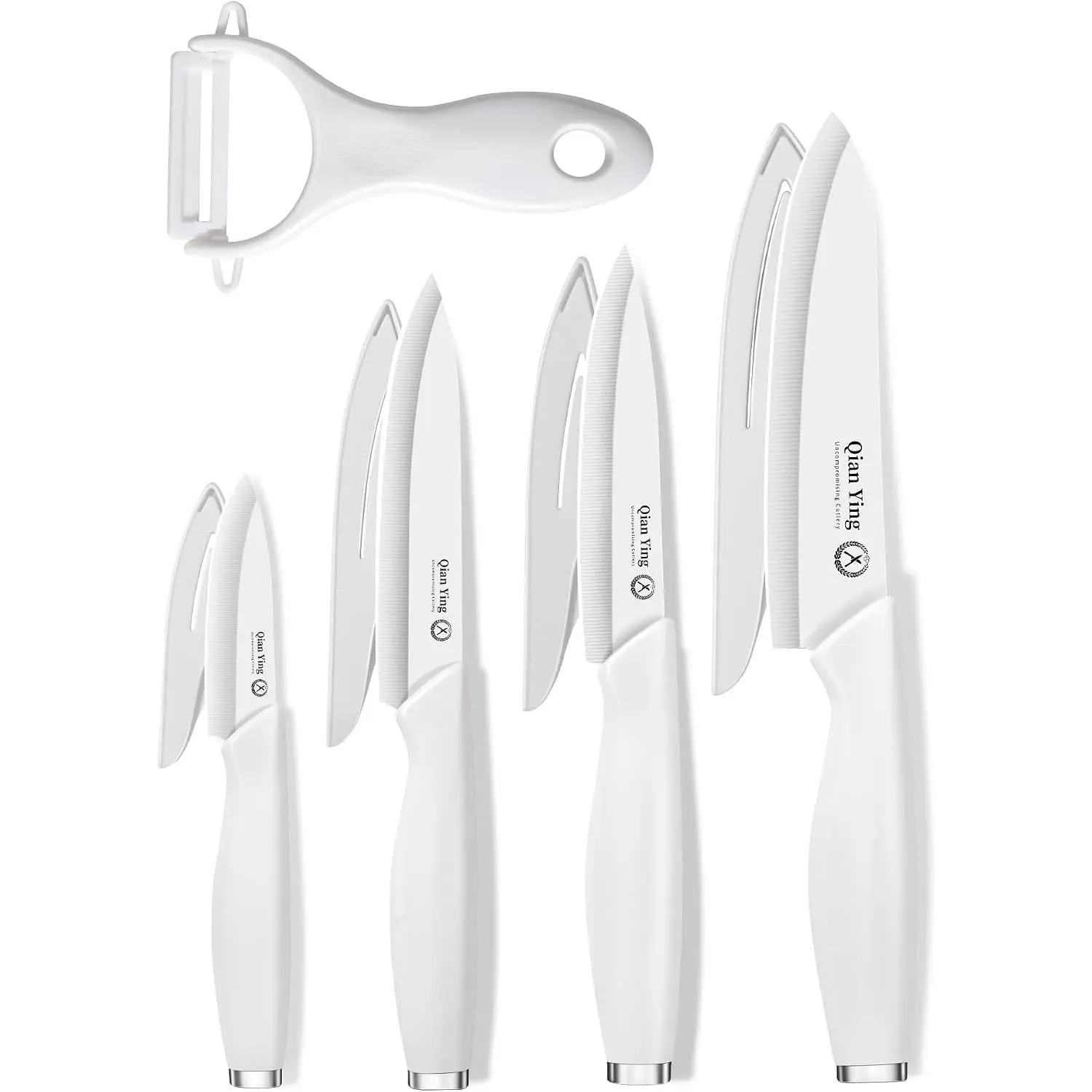 Pure Strengthening Ceramic Knife Set for Kitchen with Sheath 9Pcs: 100% Zirconia Ceramic Sharp Blade Fruit Cutting Knives with Cover Rustproof Clean Cut Edge White Handle, Versatile for home use