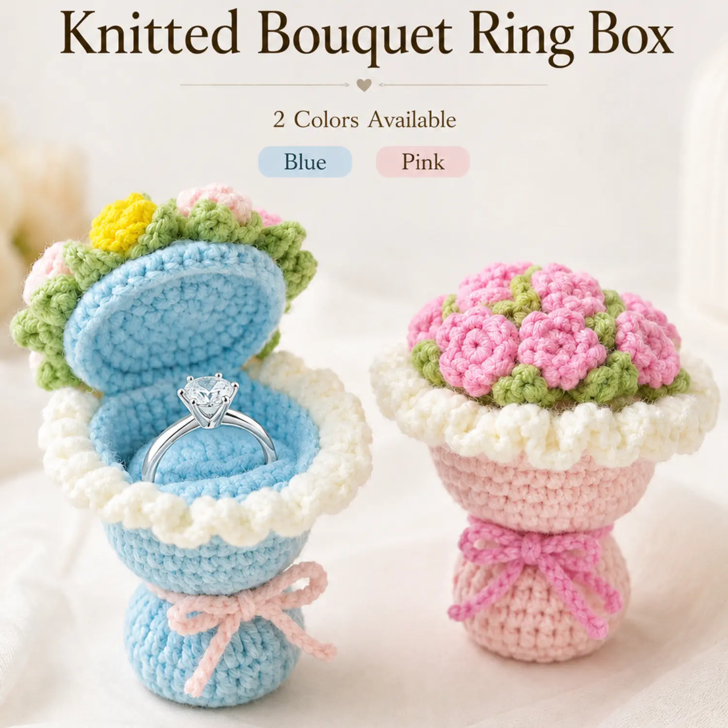 Crochet Ring Box - Handmade Flower Bouquet Knit Ring Bearer Box, Soft Yarn Keepsake Holder for Proposal, Engagement, Wedding & Birthday Gift for Girlfriend