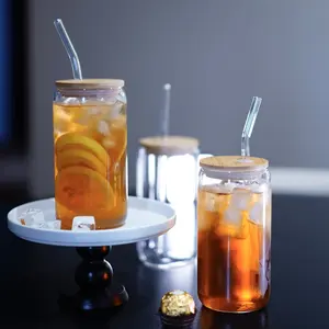 1 Set of High Borosilicate Glass Drinking Water Tank, 16 Ounces, with Wooden Lid and Glass Straw, Reusable Clear Glass Cup, Iced Coffee Cup, and Juice Travel Cup, Silicone Seal - Christmas, Spring Festival, Oktoberfest