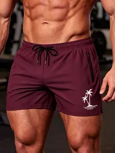 Men's Summer Zipper Side Pocket Gym Shorts, Activewear Shorts, Coconut Tree Print Breathable Quick-Dry Swim Fitness Beach Shorts with Mesh Lining, Sport Shorts