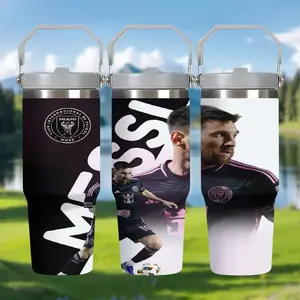1pc 30oz Stainless Steel Portable Insulated Cup, Large Capacity Car Mug with Messi Theme Pattern, Vacuum Travel Cup for Hot & Cold Drinks