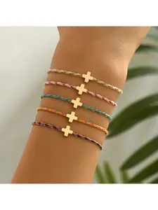 Fashion Casual Colorful Cotton String Stainless Steel Cross DIY Handmade Woven Bracelet, Stylish Adjustable Jewelry Accessory