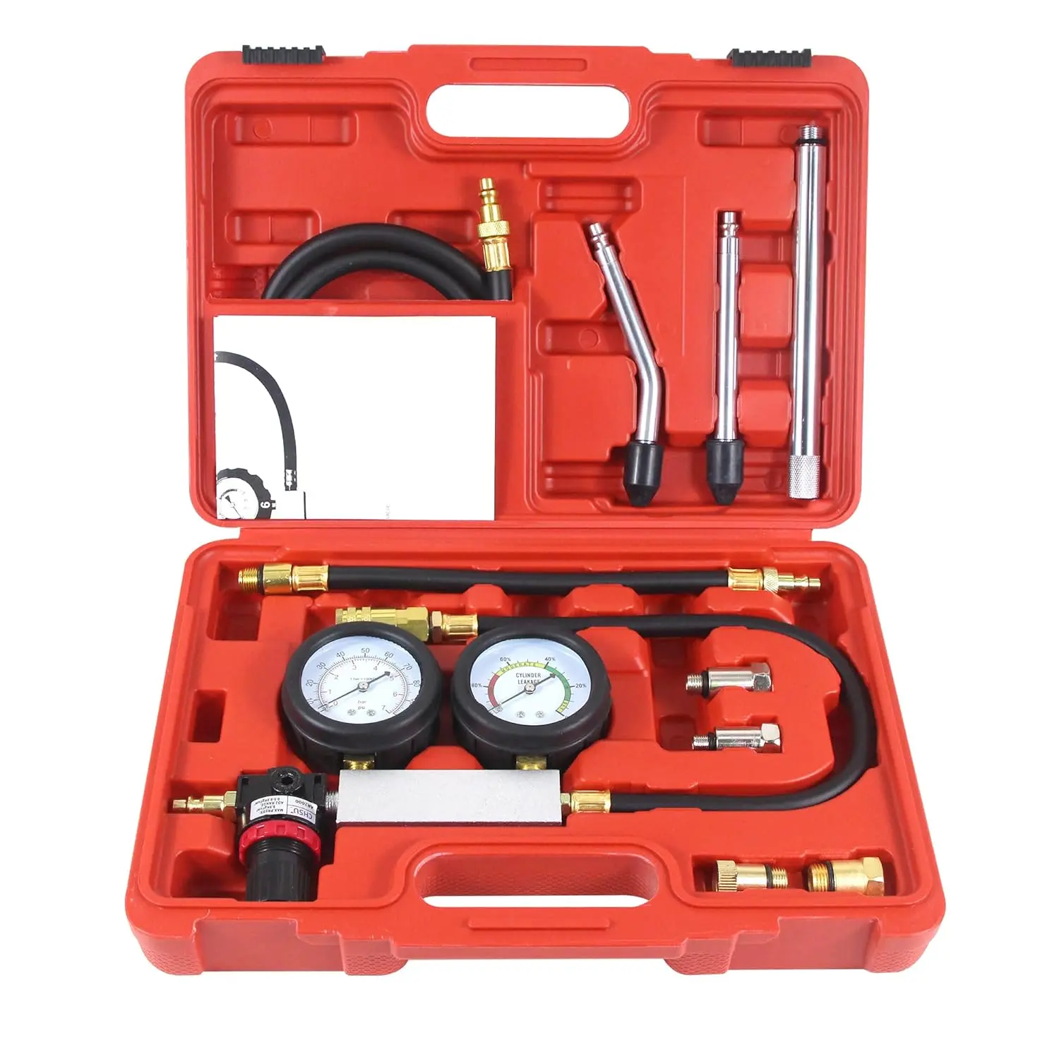 Automotive Cylinder Leak-Down Tester Kit - Dual-Gauge Aluminum/Rubber Pressure Testing Tool Set, Universal Fit for Mechanics & DIY Projects (10pcs, 1 Long-Reaching Extension Hose, 1 Rubber Hose, Do It Yourself), 1Pc M14 Extension Rod, Dual Gauge Design