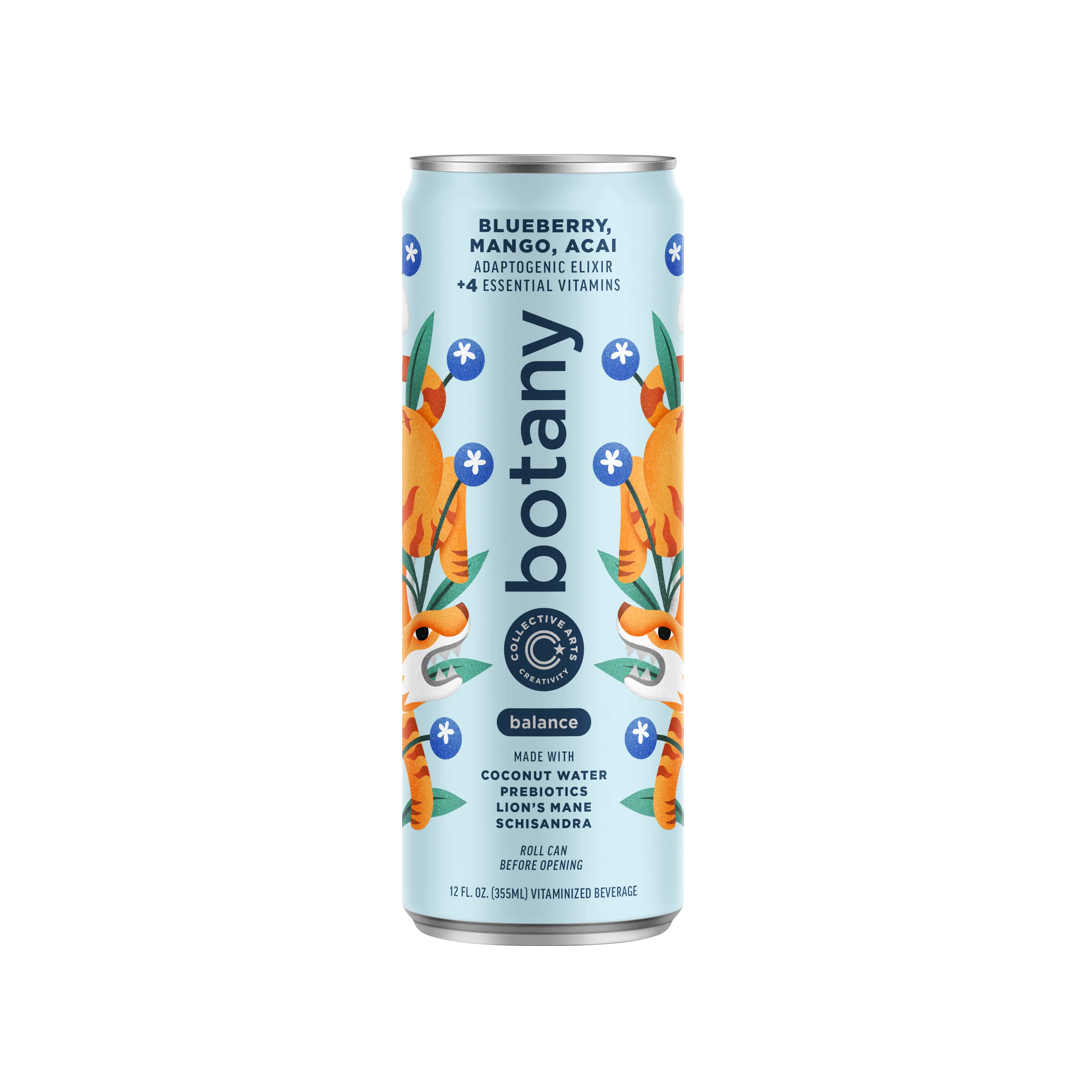 Botany Balance Blueberry, Mango, Acai Adatogenic Elixir with 4 Essential Vitamins, Made with Coconut Water Prebiotics, Lion's Mane, Schisandra, 12 fl. oz.