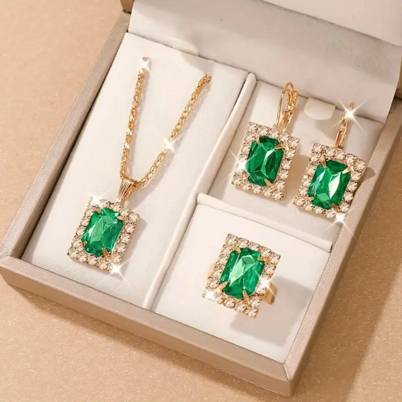 4Pc Jewelry Set - Gold Tone Green Gemstone Ring Necklace Earrings Set
