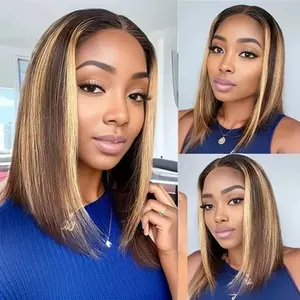 Highlight Ombre 4/27 Color Glueless Lace Short Bob Wigs Straight 180% Density Human Hair Pre Plucked Ready To Wear 6x4 Closure Wig for Women