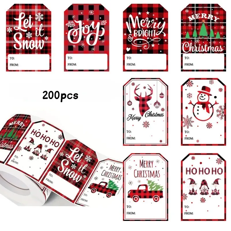Festive Paper Labels, Plaid Design with Ho Ho Ho Joy Merry Christmas Let It Snow Messages, Perfect for Holiday Gifts & Envelopes