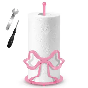 Bow Paper Towel Holder, Cute Pink Paper Towel Roll Holder, 3D Decorative Standing Paper Towel Holder for Kitchen Countertops Bathroom, Kitchen Decor Accessories(Round/Pink Bow)