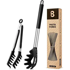 Spaghetti Spoon & Pasta Tong, Non-Stick Stainless Steel Handle Pasta Fork Set with ,  Clip for Easy Serving of Noodles (Black)