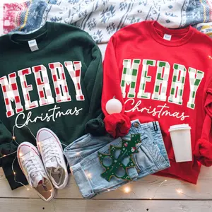 Merry Christmas Sweatshirt, Buffalo Plaid Holiday Pullover, Cute Winter Crewneck for Women, Family Christmas Sweater, Cozy Xmas Gift Idea,  Matching
