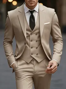 Men'S 3pcs Suit Set, Dress Suit - Formal Business Attire with Slim Fit, Long Sleeve, Non-Stretch Fabric, Solid Color, Lapel Collar, Fake Buttons, Perfect for Work, Wedding, Holiday Gifts