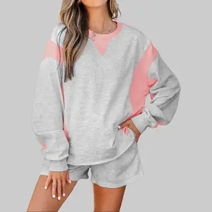 Dear-Lover Women's 2-Piece Baggy Cotton Blend Clothing Set - Light Grey Colorblock V-Neck Longsleeve Pullover, Casual Raw Hem Shorts, Soft Breathable Loose-Fit Womenswear, Longsleeves