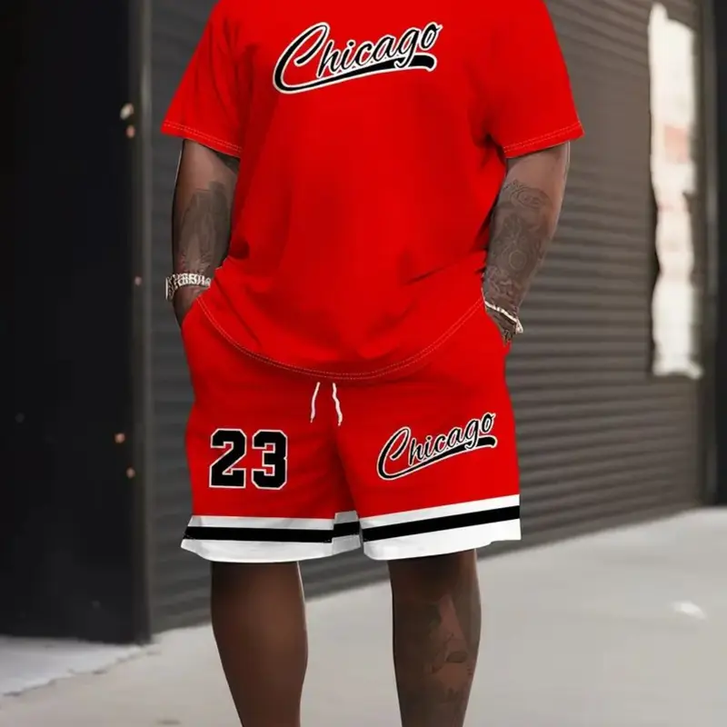 Men's Plus Size 3D Print Casual Set Outfit, Menswear, Short Sleeve T-Shirt and Drawstring Shorts, Number Pattern, Summer Streetwear, Street Style, Clothes