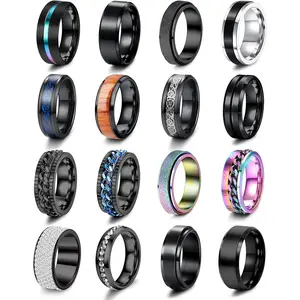 FLORIDECO 16Pcs Unisex Casual Stainless Steel Band Rings Set, Fidget Anxiety Relief Spinner Rings with Cool Chain, Beveled Edges & Celtic Black Band for Wedding Promise