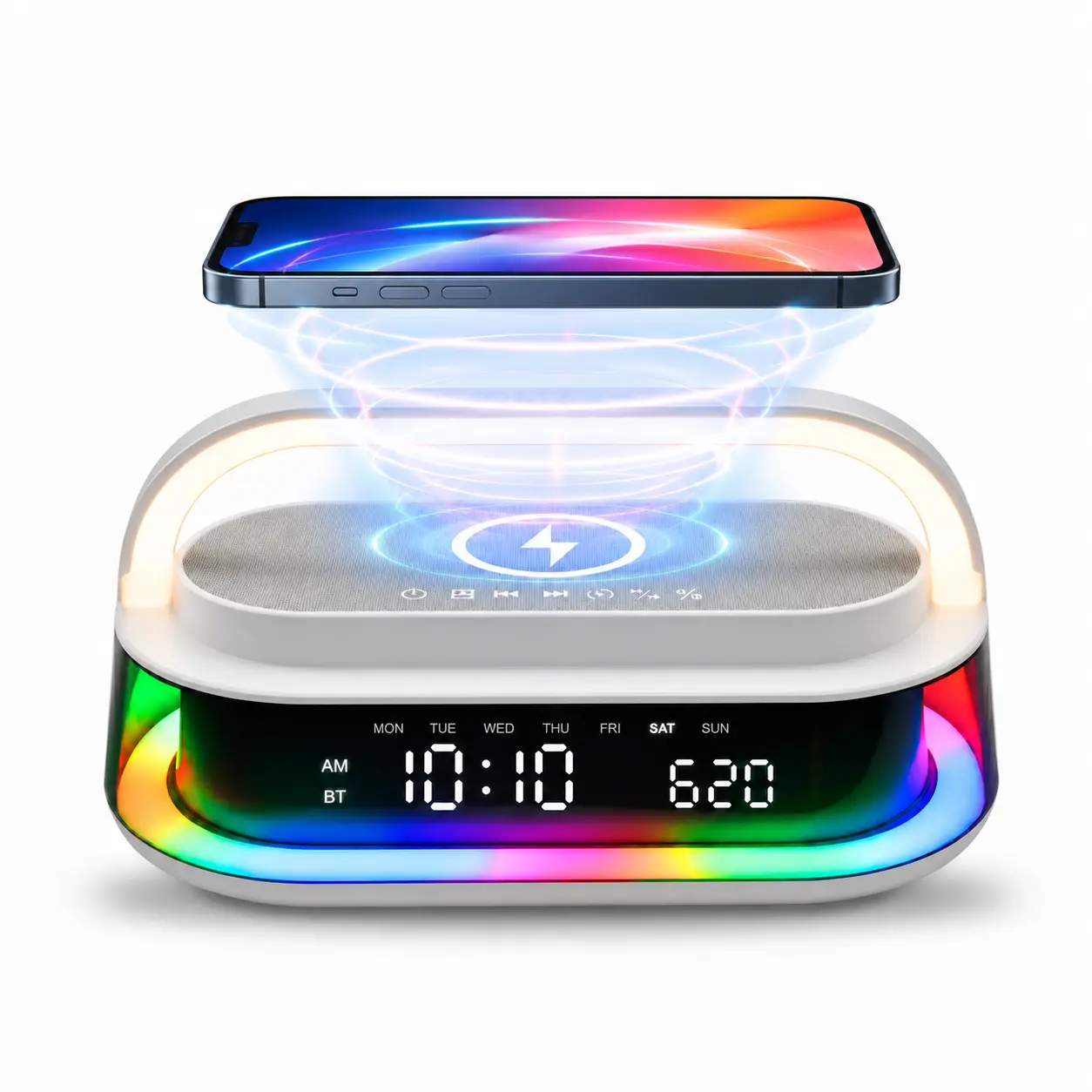 VOLTARO Bluetooth Speaker Alarm Clock with 15W Wireless Charging - White Noise Sound Machine, RGB Night Light, FM Radio, Dual Alarm, TWS Stereo Pairing, Bedside Clock for Bedroom
