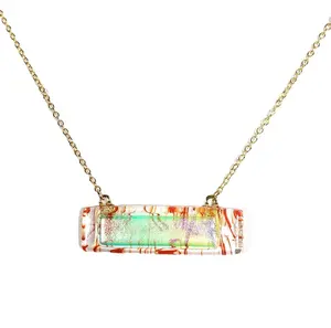 Dichroic Iridescent Pink on Red Stringers and Clear Fused Glass Bar Necklace