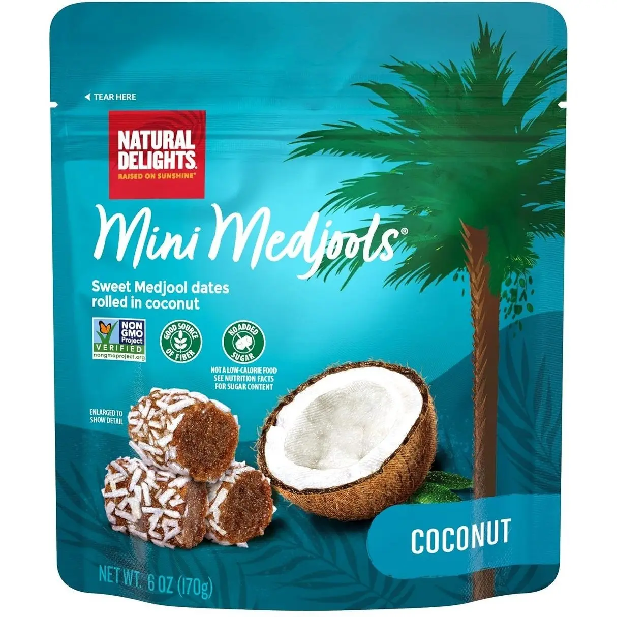 Natural Delights Medjool Dates - Coconut Mini Medjools, Non-GMO Verified, Mini Date Bites, Healthy Date Snack, Good Source of Fiber, Naturally Sweet, On the Go Snack - Coconut Mini Medjools, 6 oz Bag