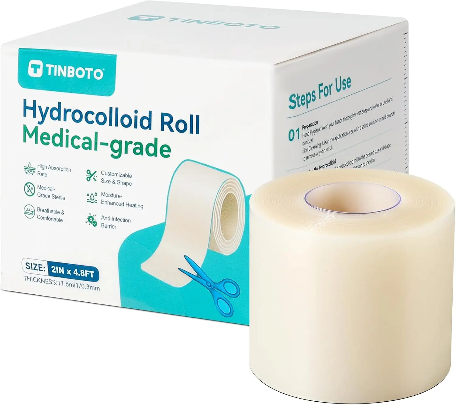 Large Flexible Hydrocolloid Bandage Roll, Medical-grade Hydrocolloid Bandages with Self-Adhesive, Cut-To-Size Patch Bandages, Ultra Absorbent, Waterproof, First Aid Kit Essential (2IN*4.8FT) TINBOTO