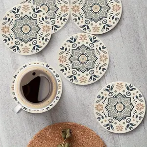 6pcs Bohemian Style Cork Coasters- Hand Washable Wooden Mandala Floral Design, Beige and Navy Blue Home Decoration, Party Gifts, Valentine's Day Mother's Day Gifts, Cute Coasters, Simple Tableware, Durable Fashiona