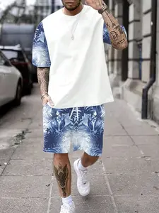 Men's Summer Fashion Casual Short Sleeve Round Neck T-Shirt Set, Trendy Tropical Plant Print Patchwork Top, Loose Sports Five-Inch Shorts Two-Piece Suit, Outfit, Menswear, Summer Clothing Set