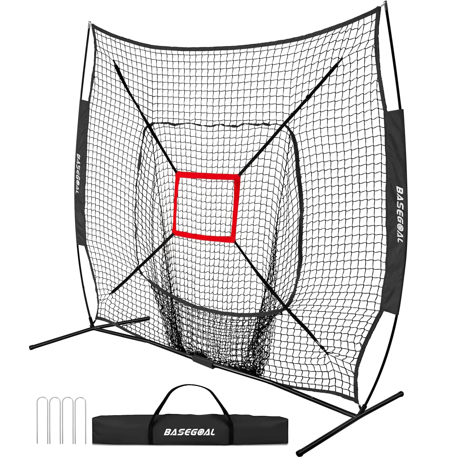 BaseGoal 7'x7' Baseball & Softball Practice Training Net, Baseball Backstop Training Aid, for Hitting Pitching Batting Catching with Bow Frame, Bonus Strike Zone