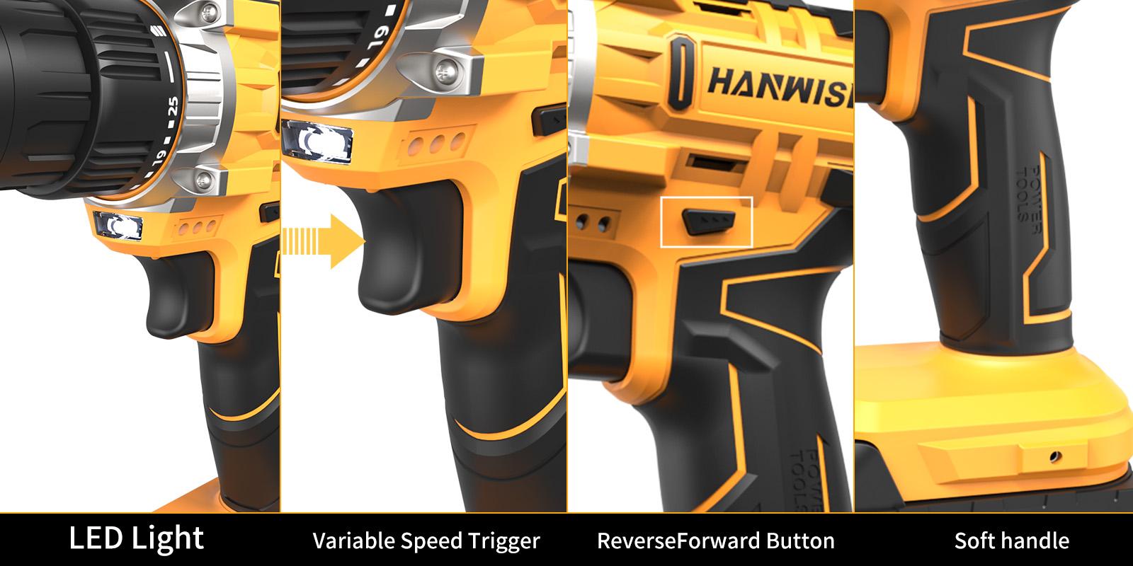 HANWISE20V cordless drill/screwdriver set, keyless chuck drill (with LED light), equipped with battery, compact body design, suitable for home, construction, industrial production and home decoration scenes, perfect for men's gift giving