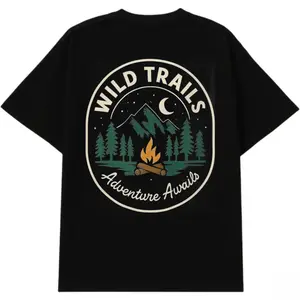 Men's Wild Trails Graphic T-Shirt Oversized Cotton Tee Adventure Awaits Mountain Campfire Print Streetwear Soft Fabric Classic Menswear Gift Casual Crewneck