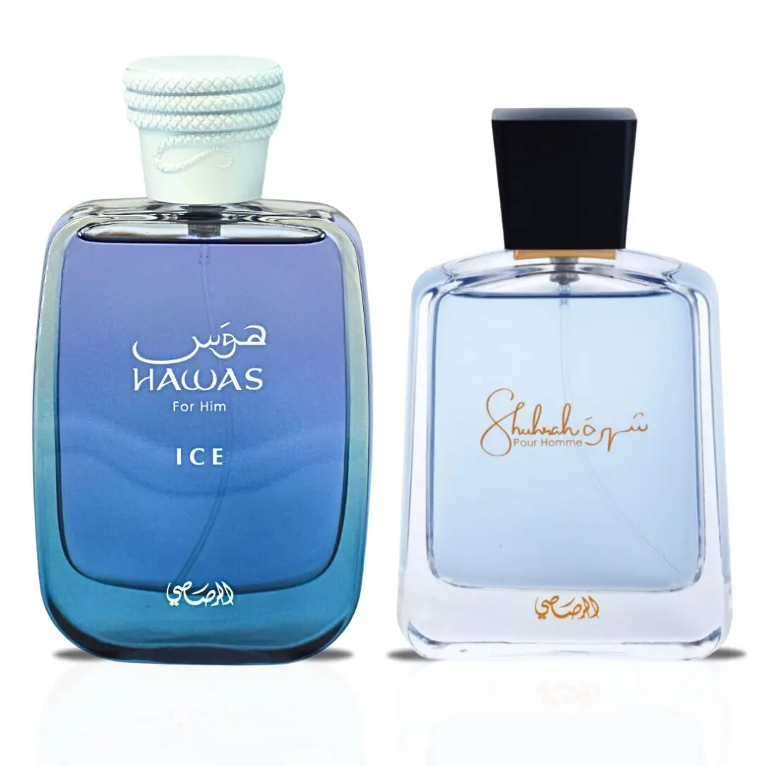 Hawas Ice EDP Spray 100ML (3.4 OZ) & Shuhrah For Men EDP Spray 90 ML (3 OZ) By Rasasi | Elevate Your Aura With The Best Perfumes. (APEX BUNDLE)