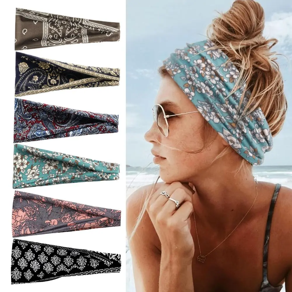 Women's 6pcs Mix 01 Bohemian-Inspired Cloth Elastic Headbands - Universal, Non-Slip 3.8 Inches to 2 Inches Wide Thick Ergonomic Band, Floral/Paisley Prints, Sweat-Absorbent, Comfortable Fit for Sports & Daily Wear