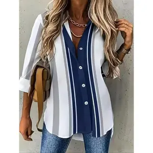 New Casual Fashion Striped Knit Fabric Front Button Colorblock Women's Plus Size Shirt, Stylish and Comfortable, Perfect for Daily Wear, Casual Shirts