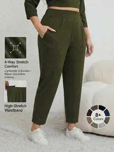 Women's High Elasticity Loose-Fit Pants, Casual Elastic Waisted, Casual Daily Commute Wear, Side Pockets, Slimming Design, Outdoor Activities, Plus Size